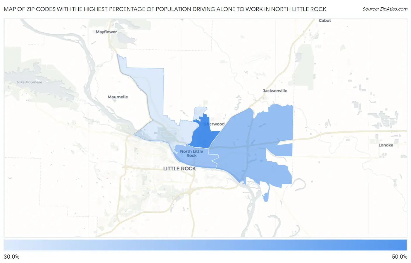Zip Codes with the Highest Percentage of Population Driving Alone to Work in North Little Rock Map
