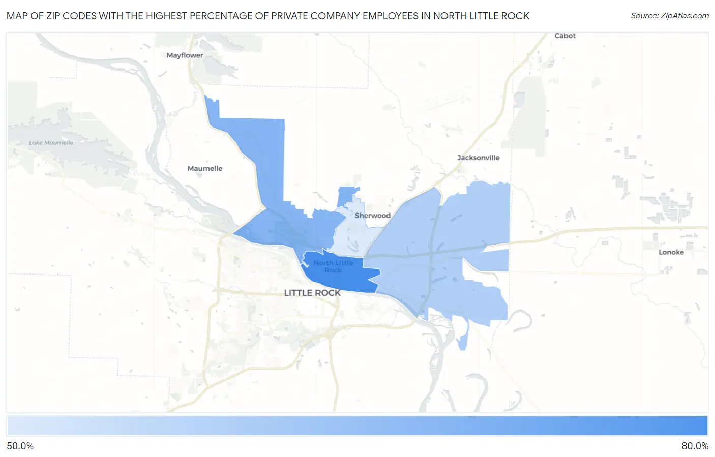 Zip Codes with the Highest Percentage of Private Company Employees in North Little Rock Map