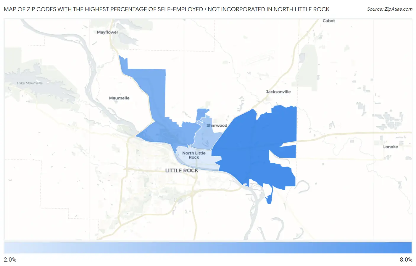 Zip Codes with the Highest Percentage of Self-Employed / Not Incorporated in North Little Rock Map