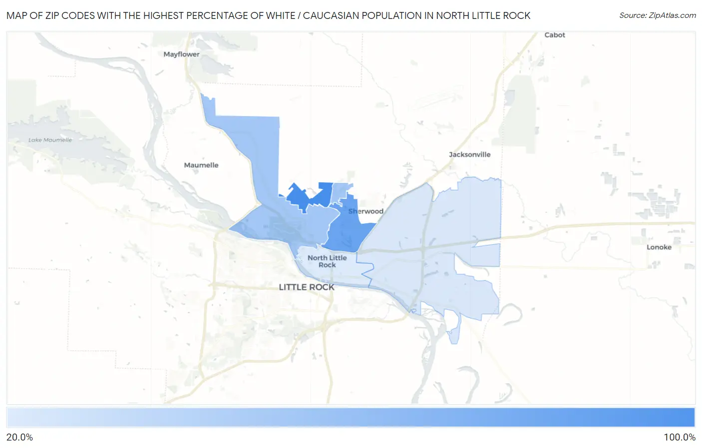 Zip Codes with the Highest Percentage of White / Caucasian Population in North Little Rock Map