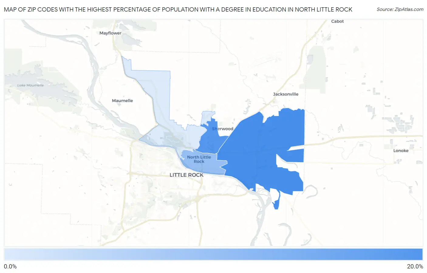 Zip Codes with the Highest Percentage of Population with a Degree in Education in North Little Rock Map