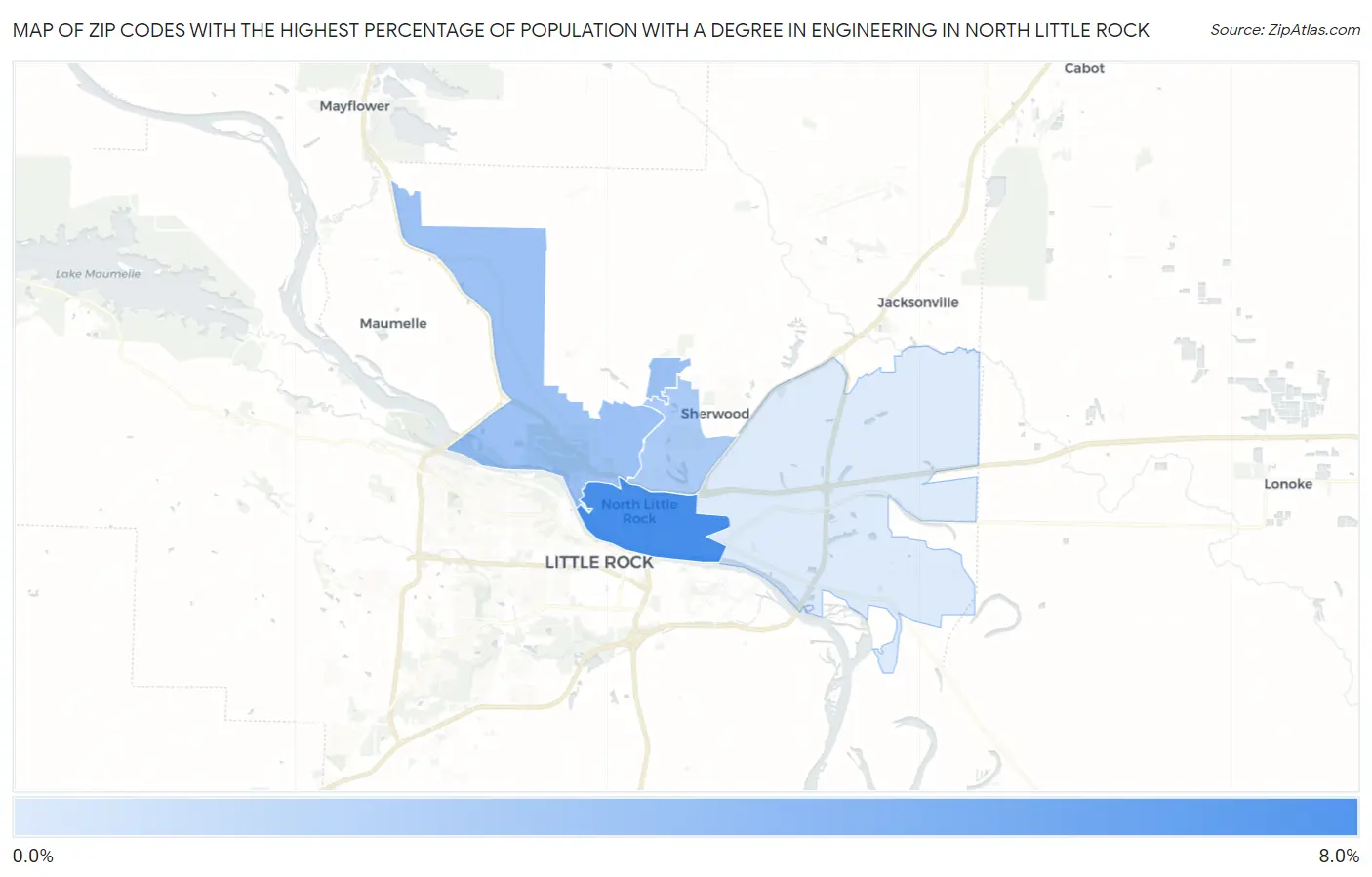 Zip Codes with the Highest Percentage of Population with a Degree in Engineering in North Little Rock Map