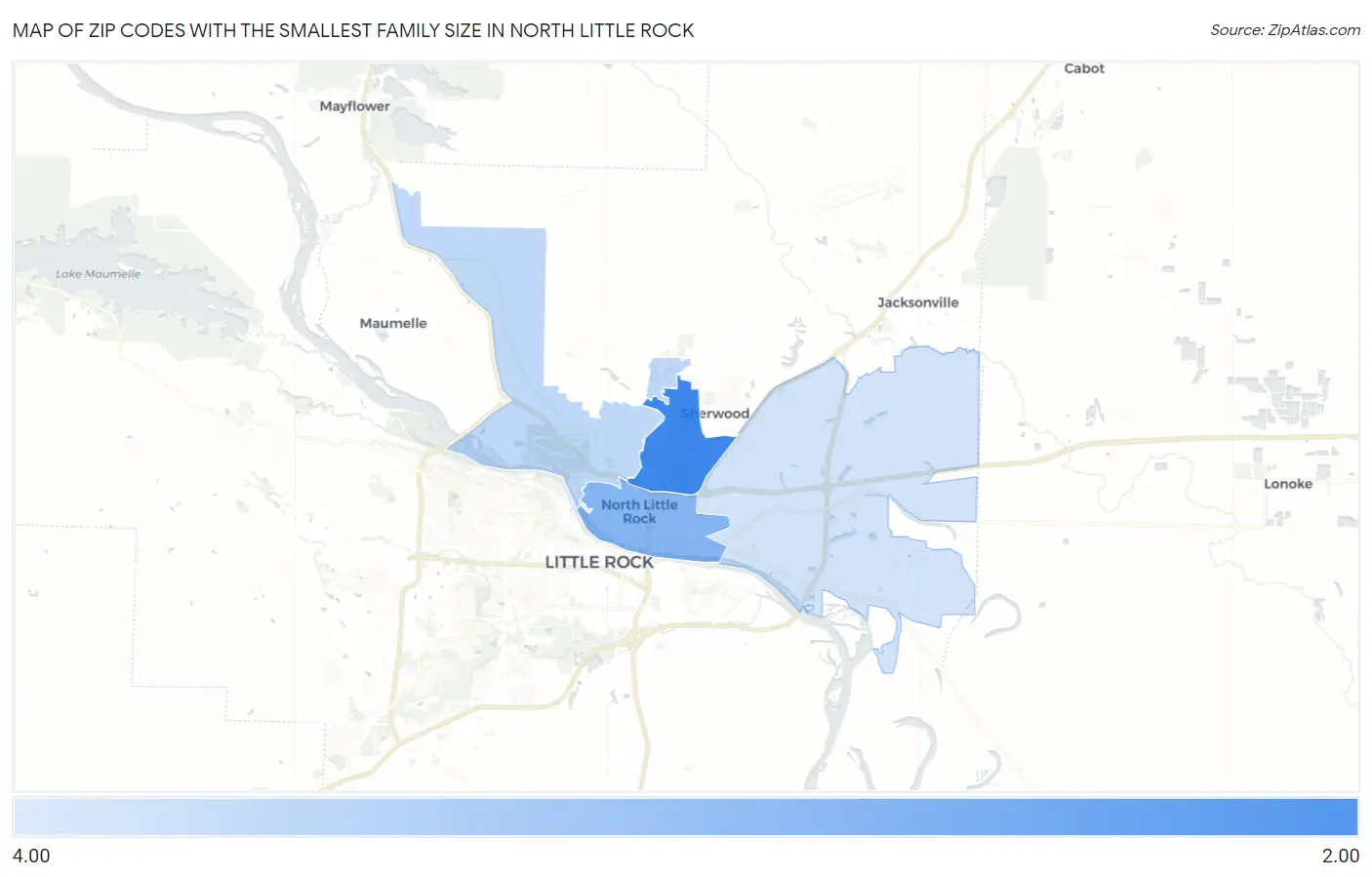 Zip Codes with the Smallest Family Size in North Little Rock Map