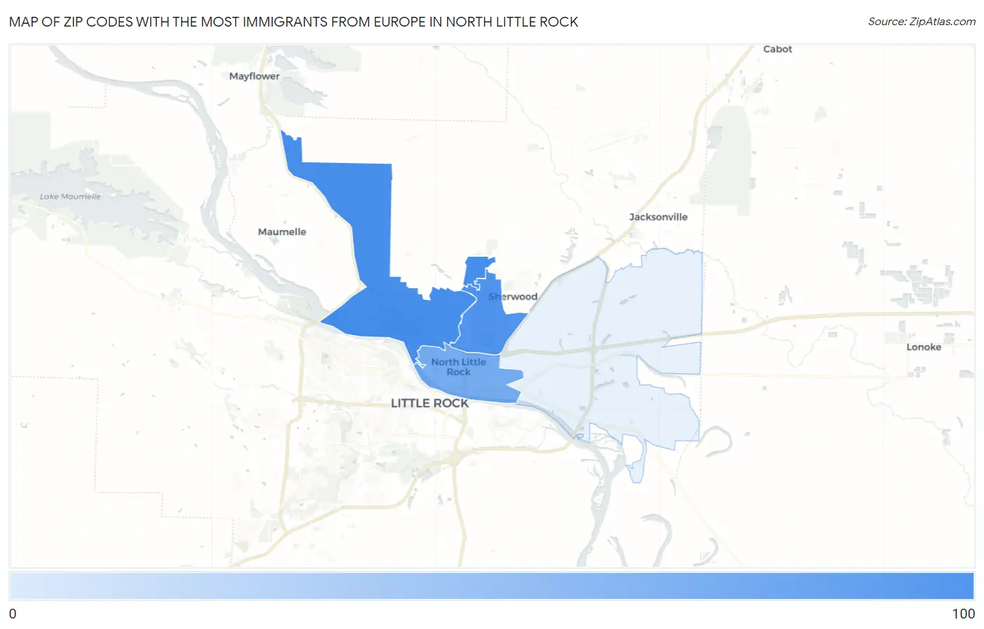 Zip Codes with the Most Immigrants from Europe in North Little Rock Map