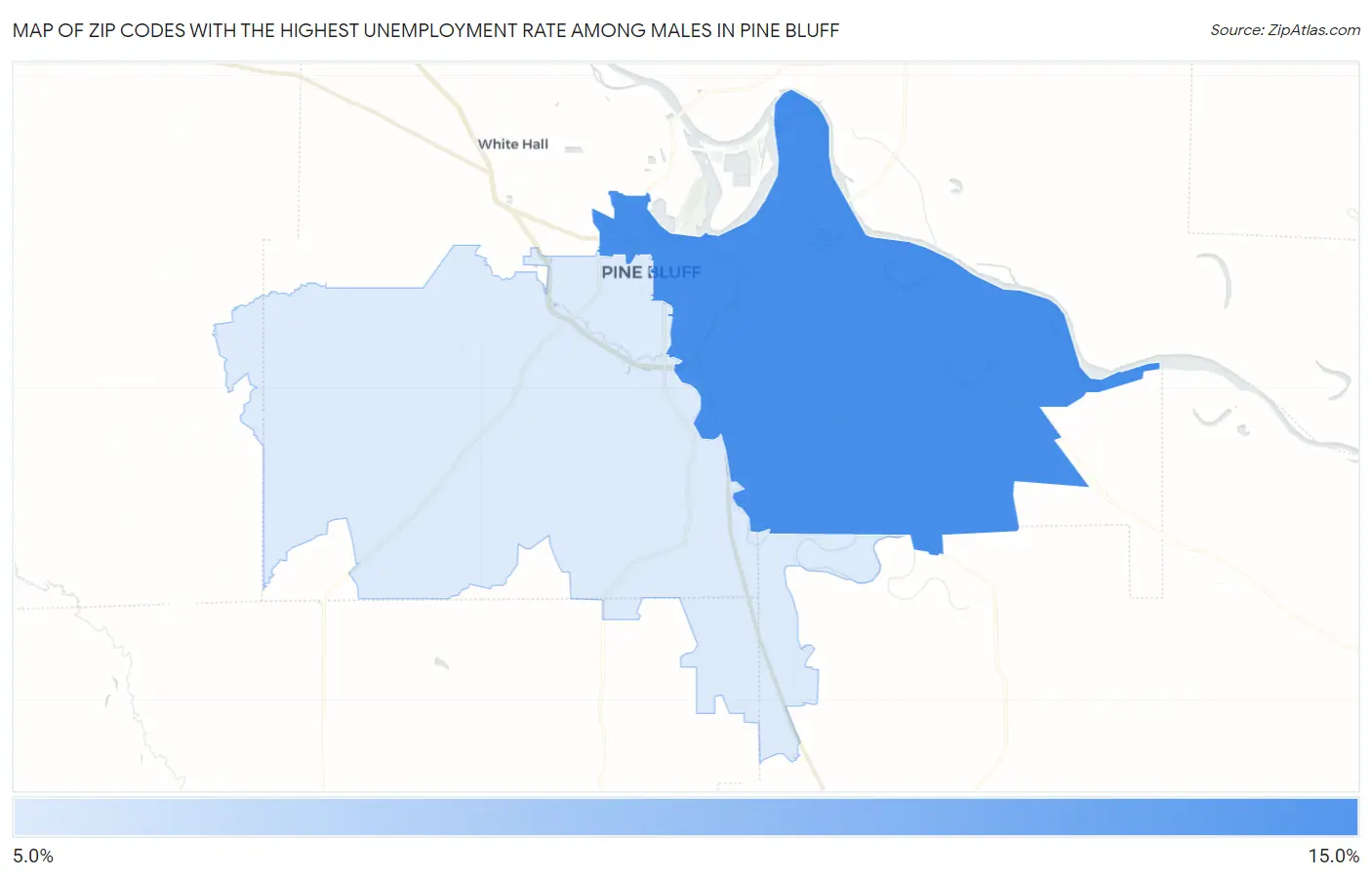 Zip Codes with the Highest Unemployment Rate Among Males in Pine Bluff Map