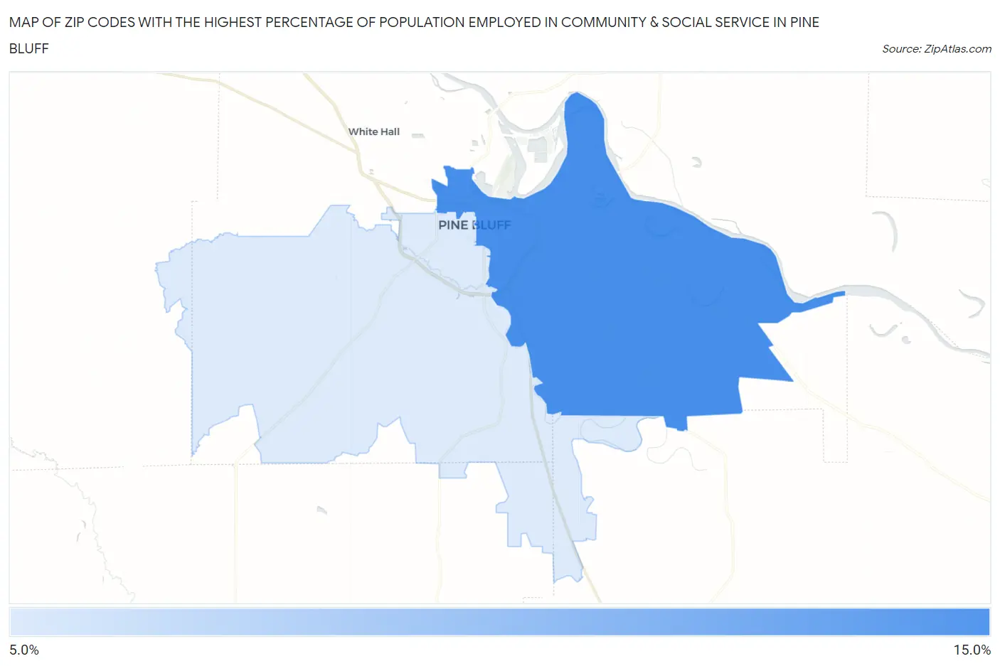 Zip Codes with the Highest Percentage of Population Employed in Community & Social Service  in Pine Bluff Map