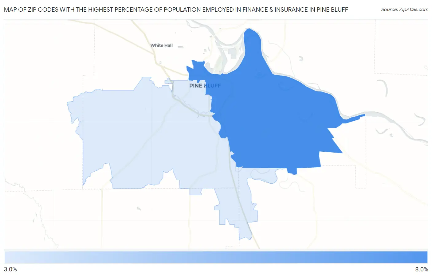 Zip Codes with the Highest Percentage of Population Employed in Finance & Insurance in Pine Bluff Map
