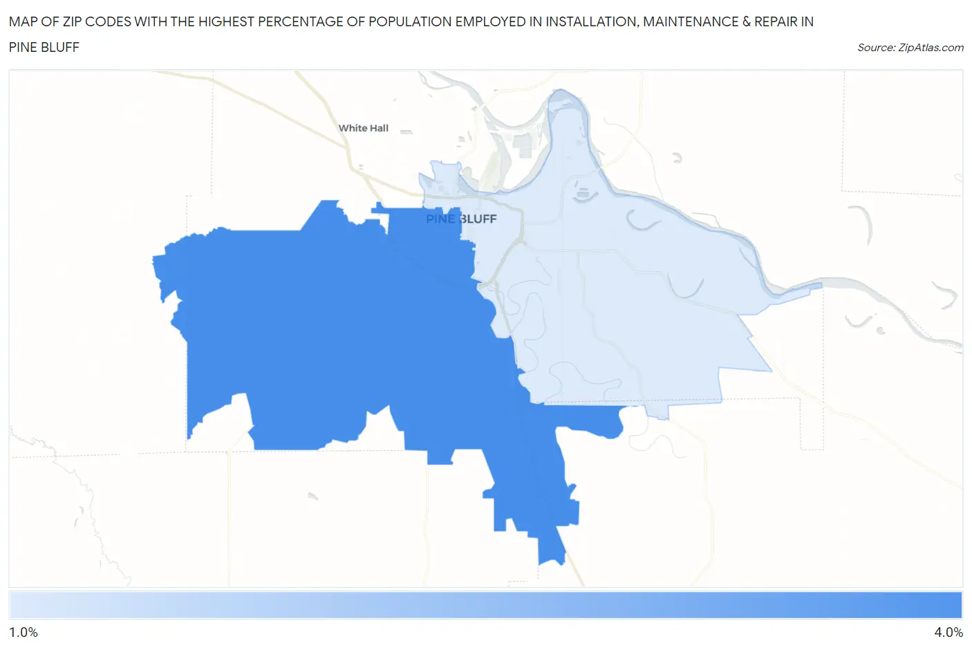 Zip Codes with the Highest Percentage of Population Employed in Installation, Maintenance & Repair in Pine Bluff Map