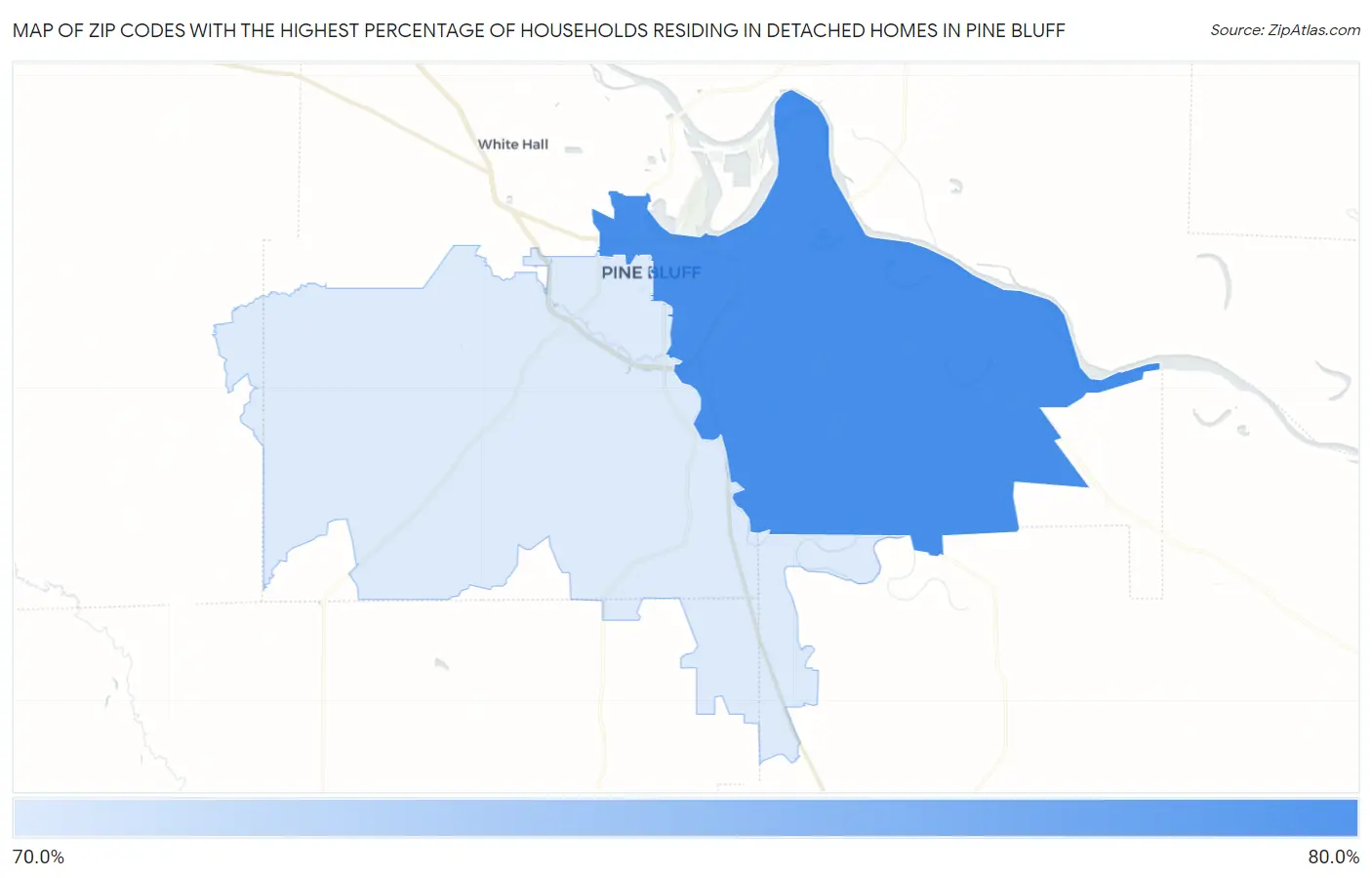 Zip Codes with the Highest Percentage of Households Residing in Detached Homes in Pine Bluff Map