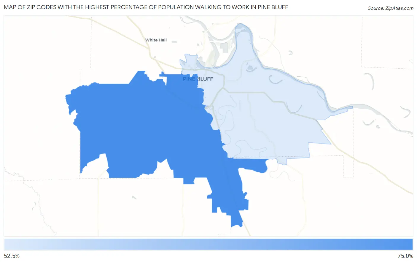 Zip Codes with the Highest Percentage of Population Walking to Work in Pine Bluff Map