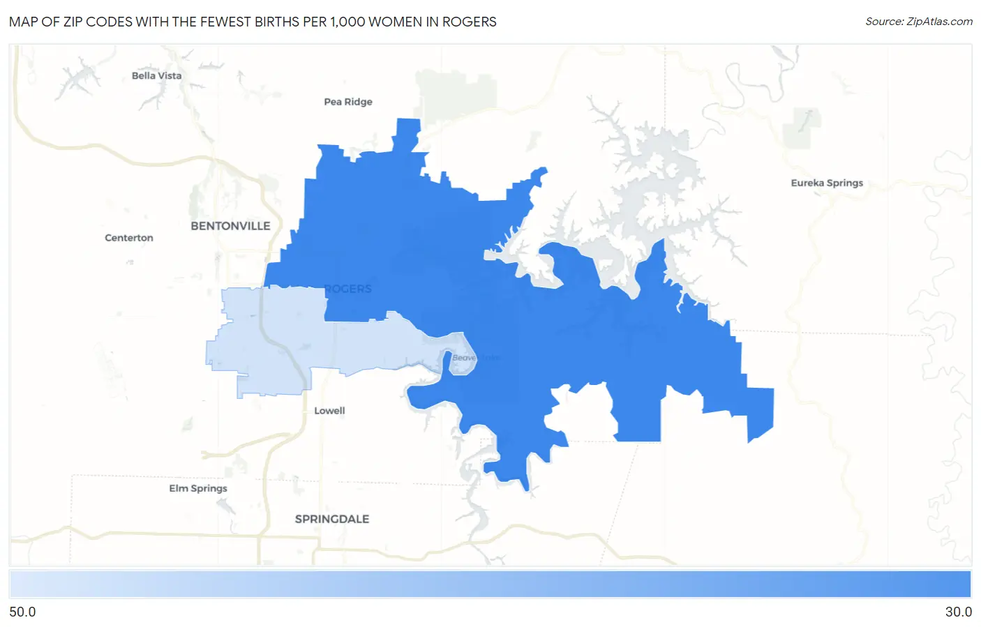 Zip Codes with the Fewest Births per 1,000 Women in Rogers Map