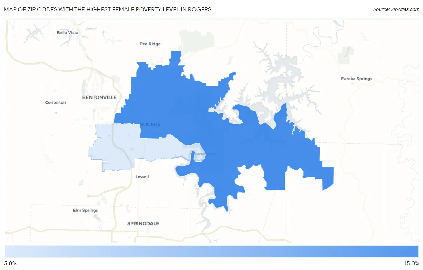 Zip Codes with the Highest Female Poverty Level in Rogers Map