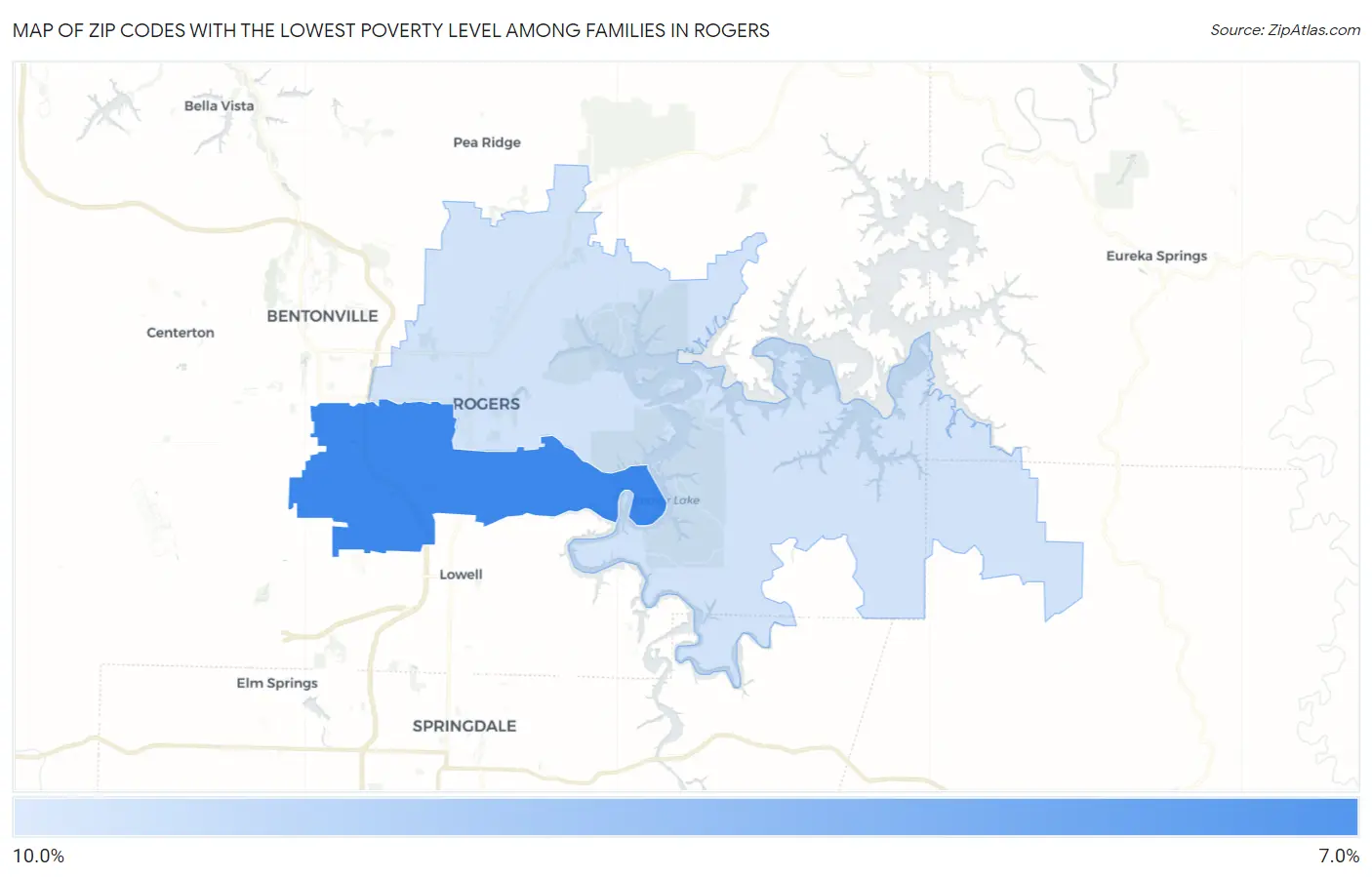Zip Codes with the Lowest Poverty Level Among Families in Rogers Map