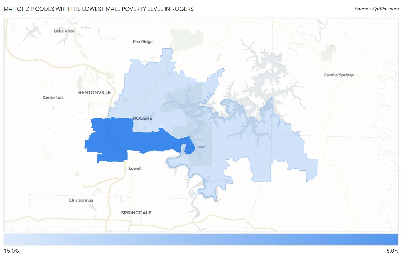 Zip Codes with the Lowest Male Poverty Level in Rogers Map