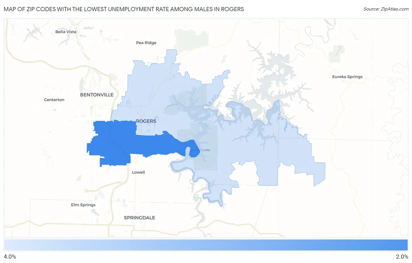 Zip Codes with the Lowest Unemployment Rate Among Males in Rogers Map