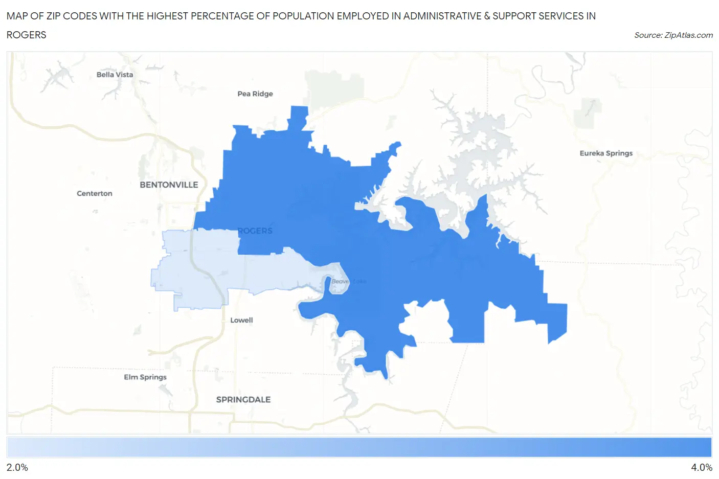Zip Codes with the Highest Percentage of Population Employed in Administrative & Support Services in Rogers Map
