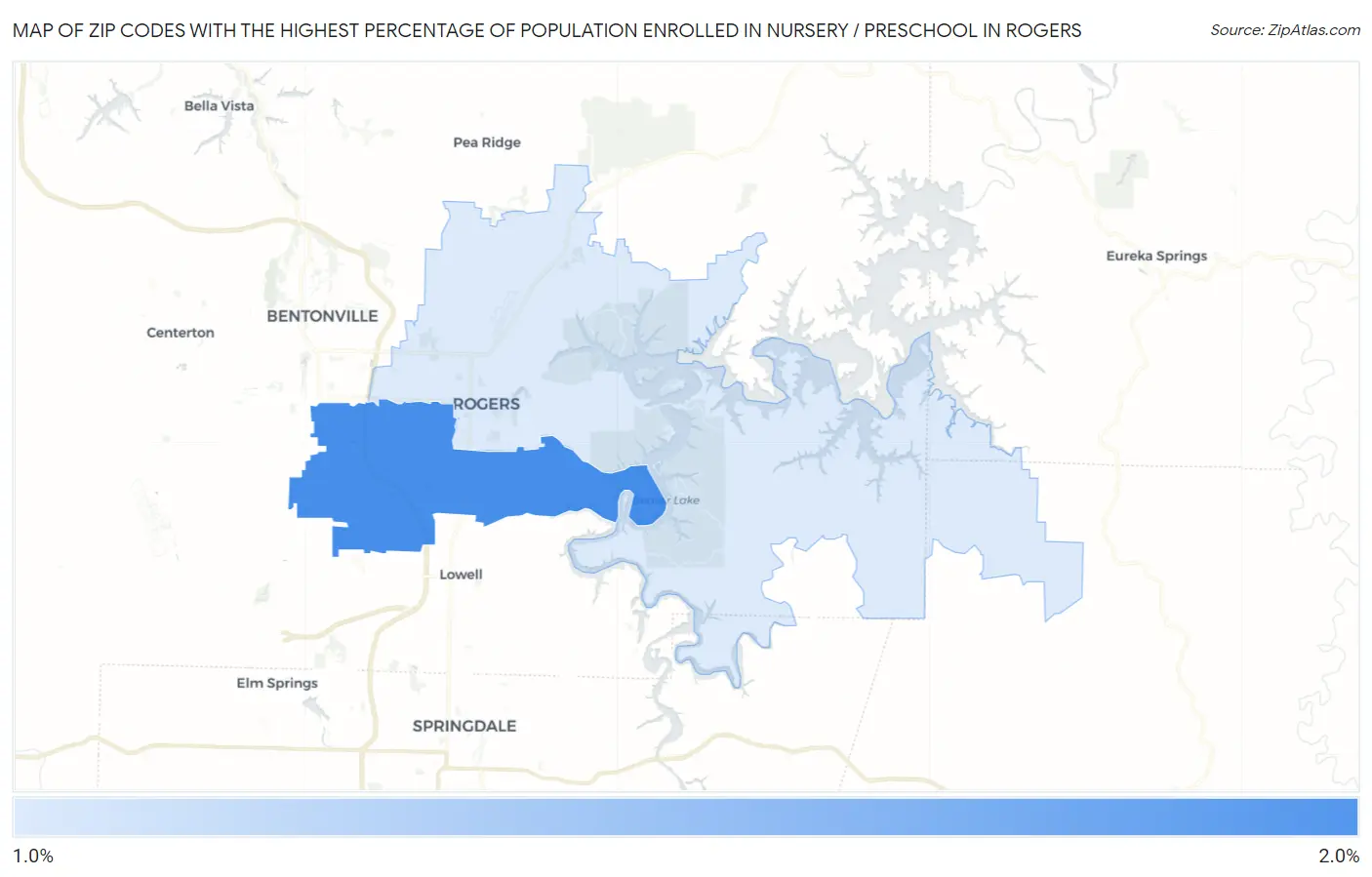 Zip Codes with the Highest Percentage of Population Enrolled in Nursery / Preschool in Rogers Map