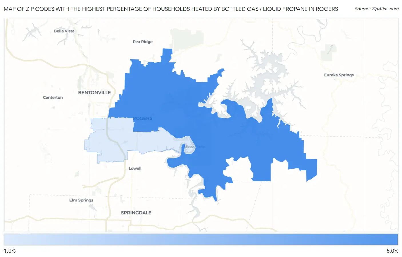 Zip Codes with the Highest Percentage of Households Heated by Bottled Gas / Liquid Propane in Rogers Map