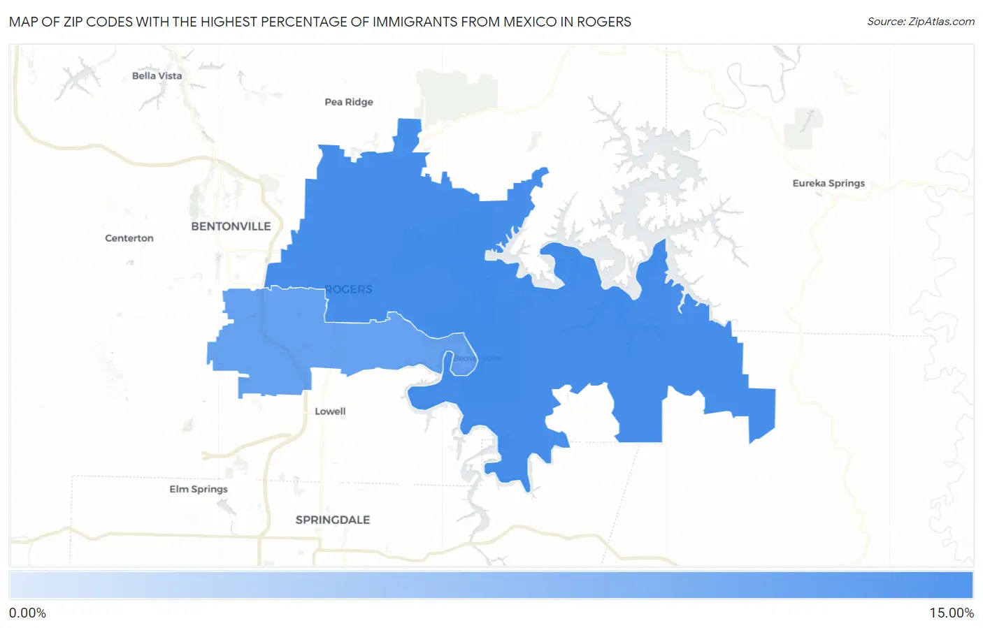Zip Codes with the Highest Percentage of Immigrants from Mexico in Rogers Map
