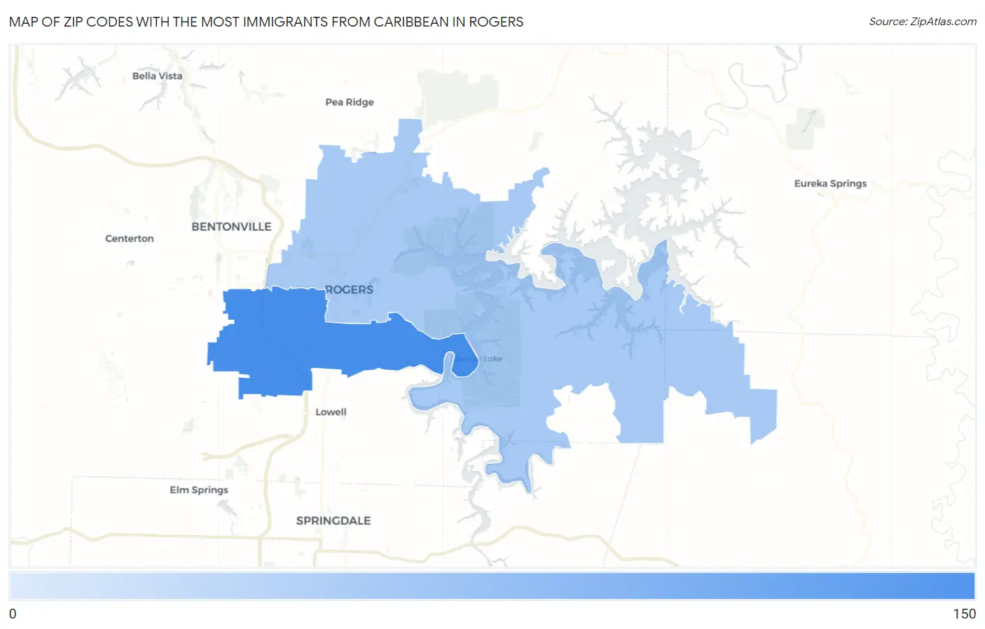 Zip Codes with the Most Immigrants from Caribbean in Rogers Map