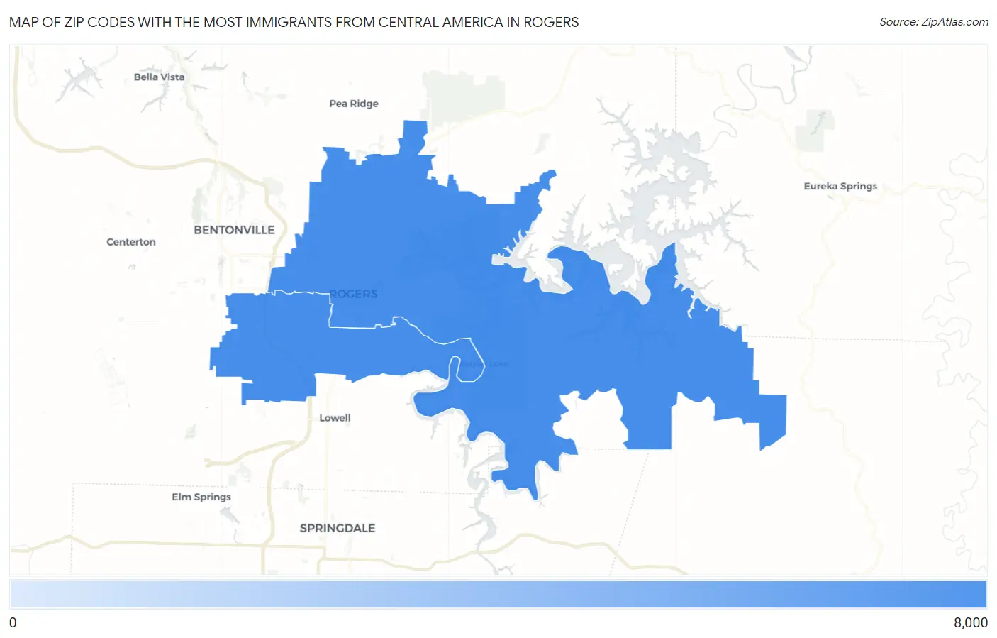 Zip Codes with the Most Immigrants from Central America in Rogers Map