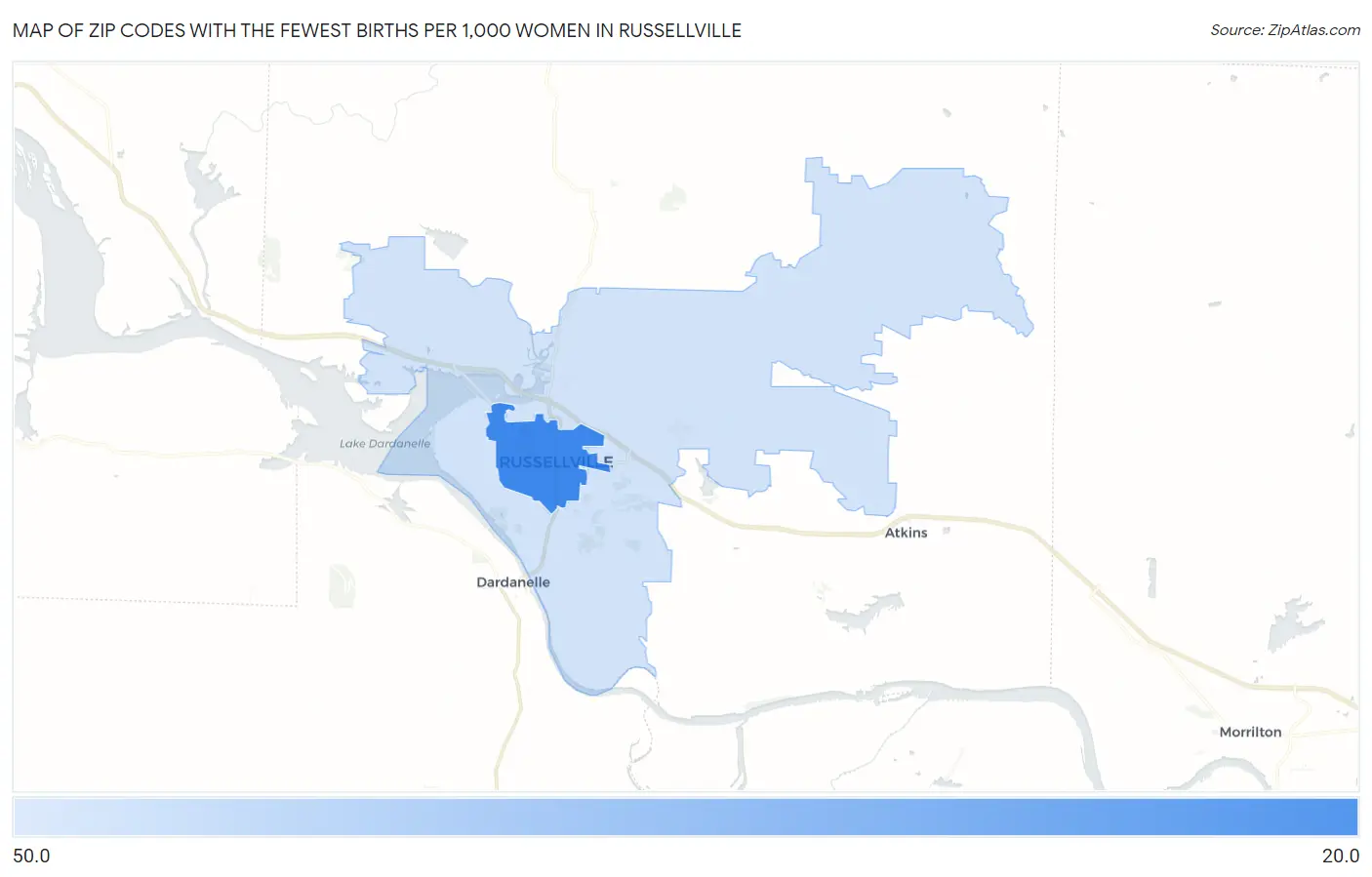 Zip Codes with the Fewest Births per 1,000 Women in Russellville Map