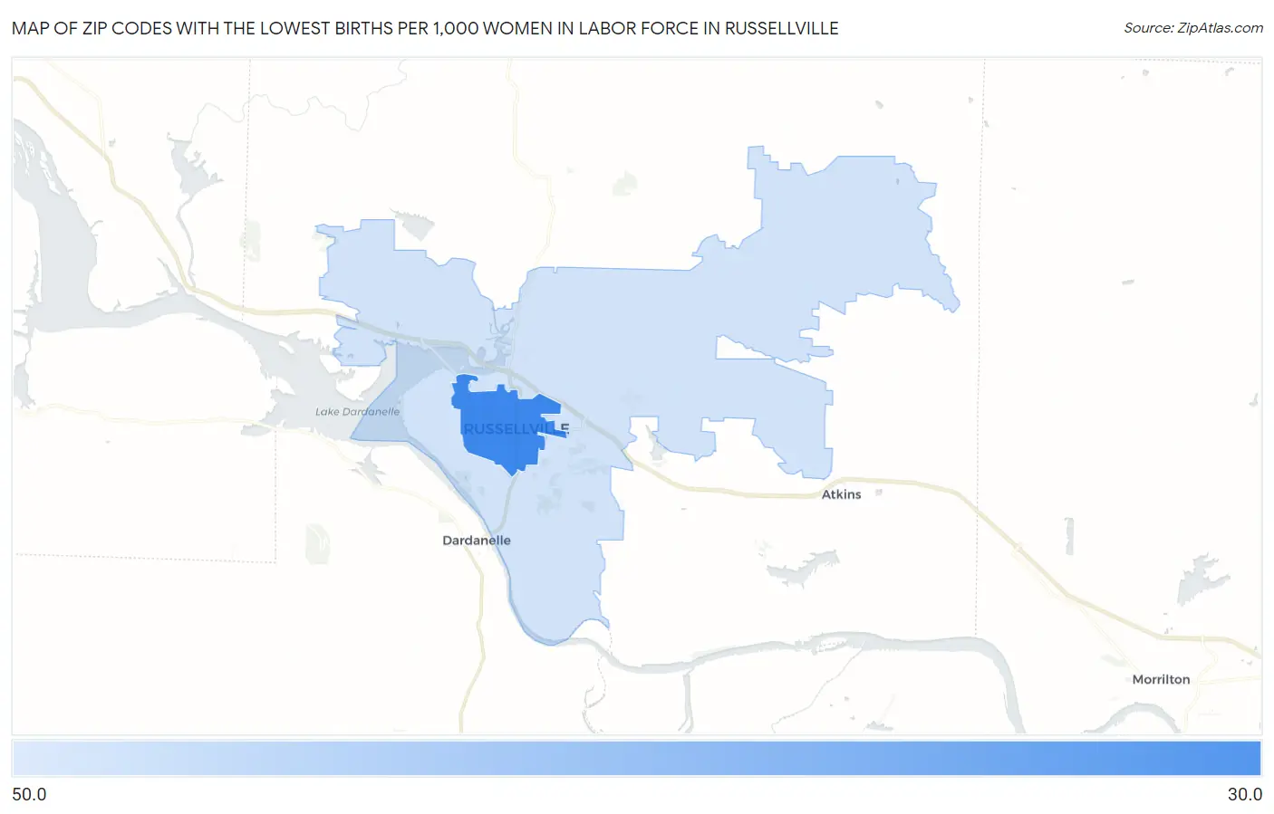 Zip Codes with the Lowest Births per 1,000 Women in Labor Force in Russellville Map