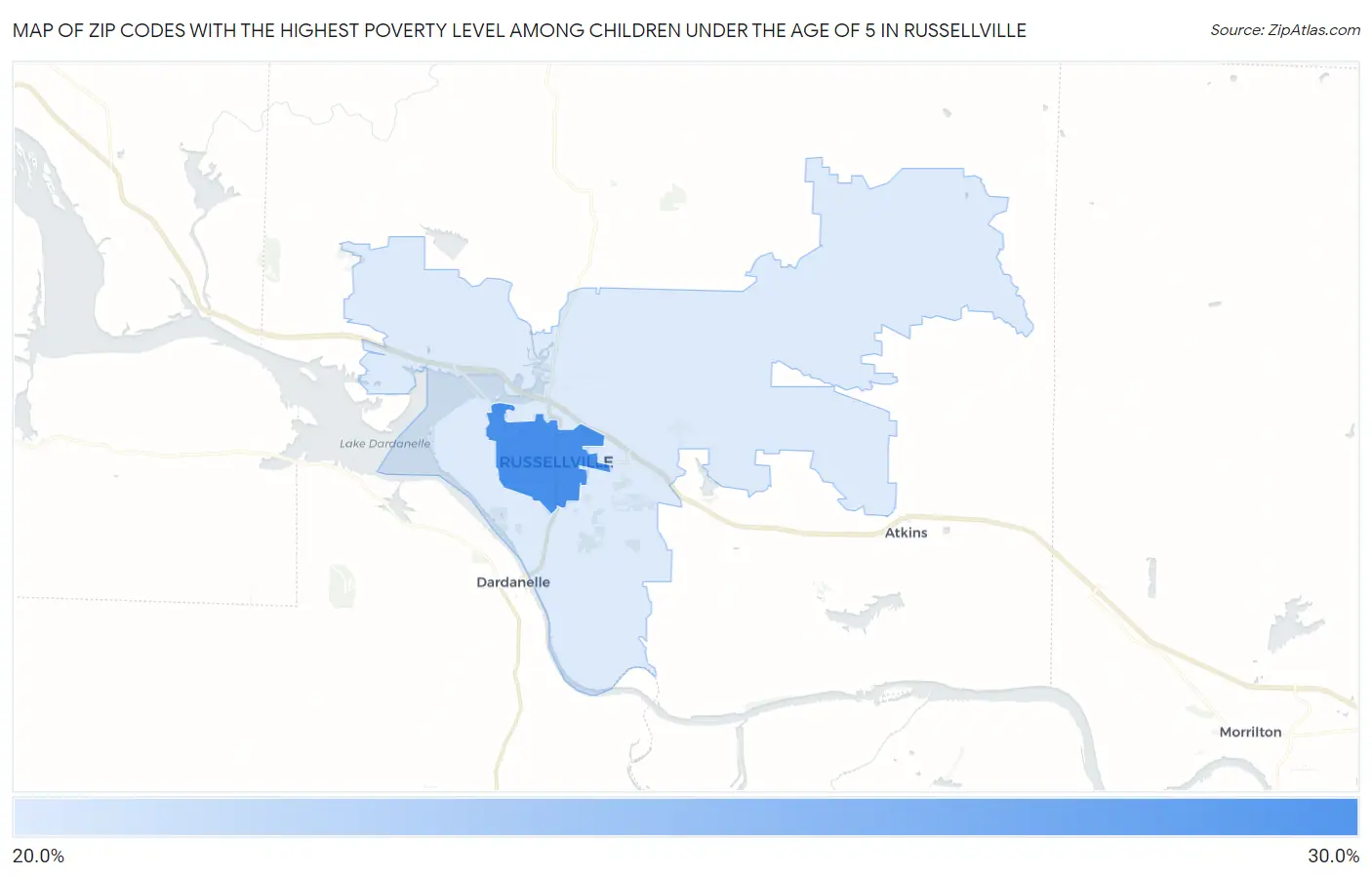Zip Codes with the Highest Poverty Level Among Children Under the Age of 5 in Russellville Map
