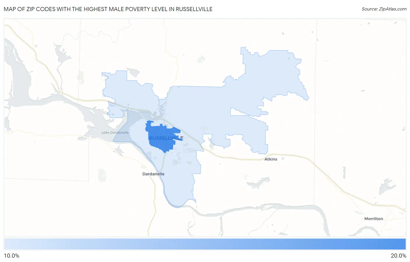 Zip Codes with the Highest Male Poverty Level in Russellville Map