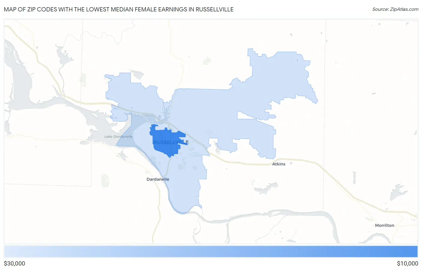 Zip Codes with the Lowest Median Female Earnings in Russellville Map