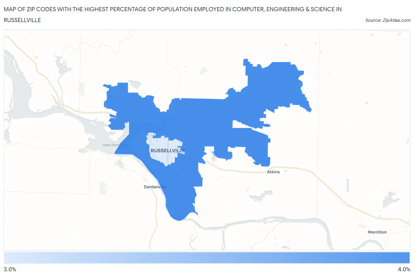 Zip Codes with the Highest Percentage of Population Employed in Computer, Engineering & Science in Russellville Map