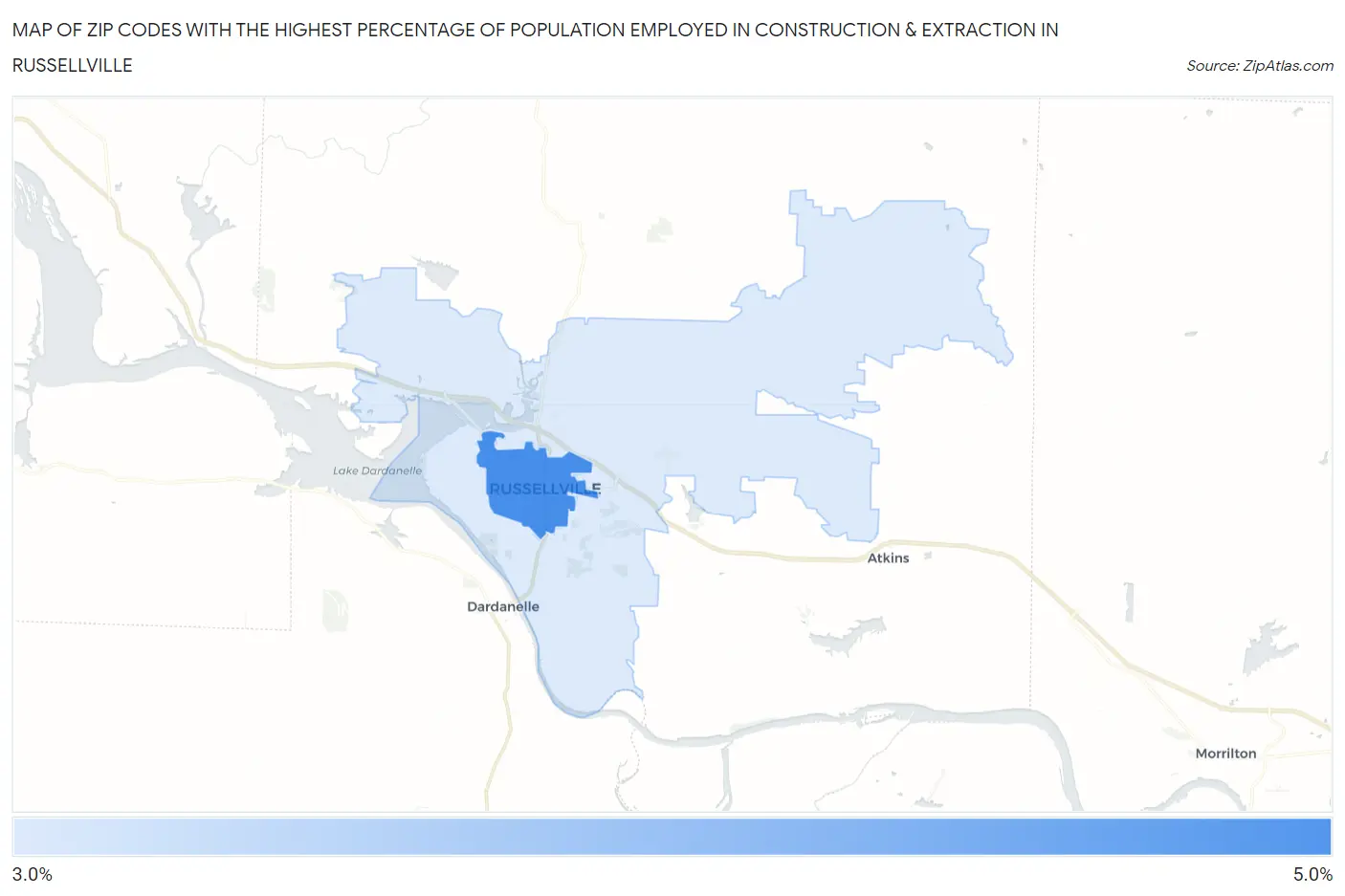 Zip Codes with the Highest Percentage of Population Employed in Construction & Extraction in Russellville Map