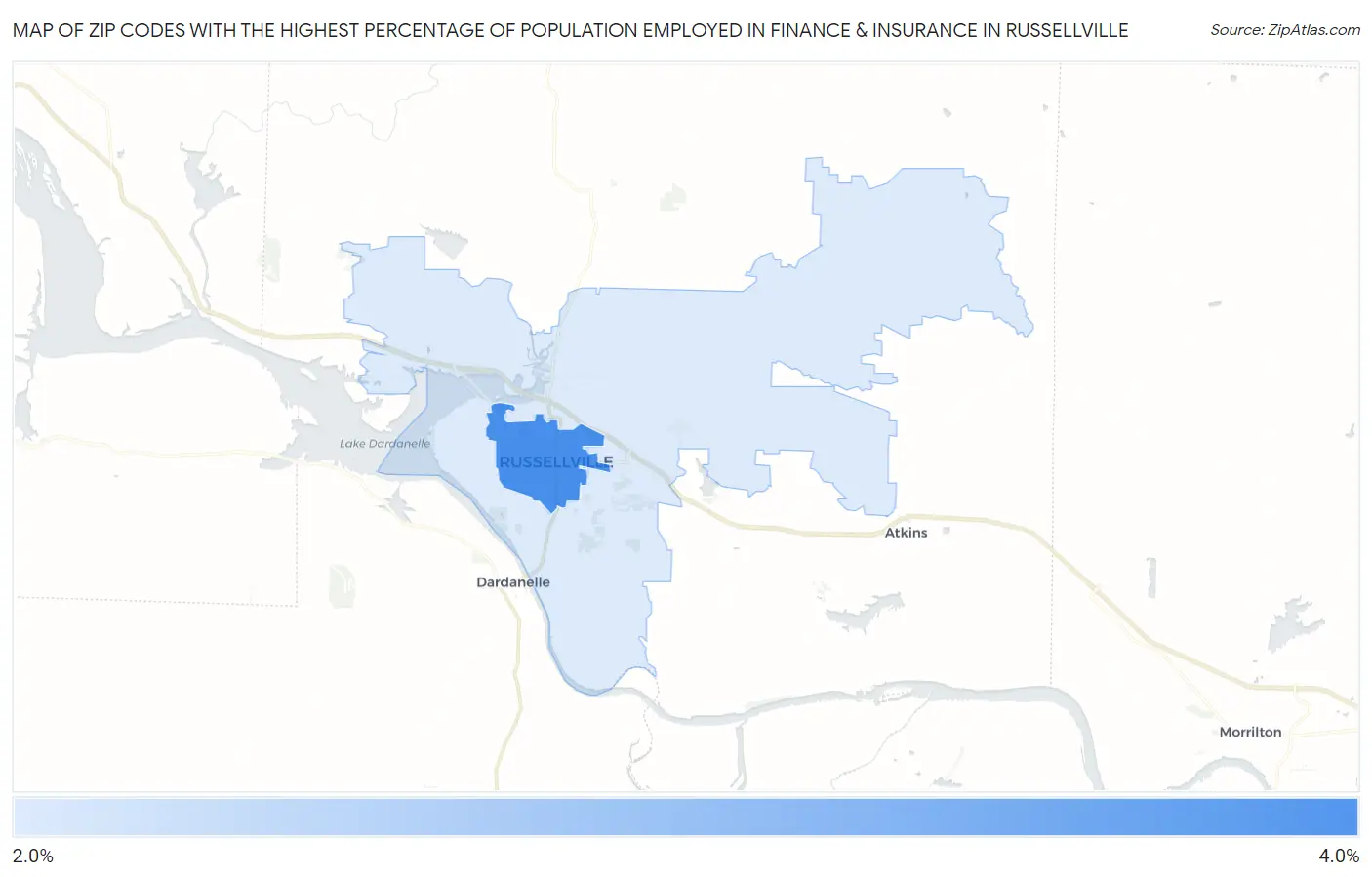 Zip Codes with the Highest Percentage of Population Employed in Finance & Insurance in Russellville Map