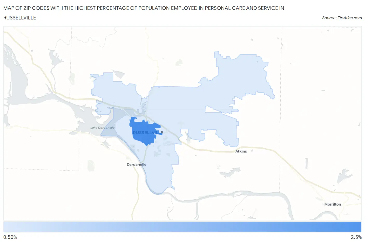 Zip Codes with the Highest Percentage of Population Employed in Personal Care and Service in Russellville Map