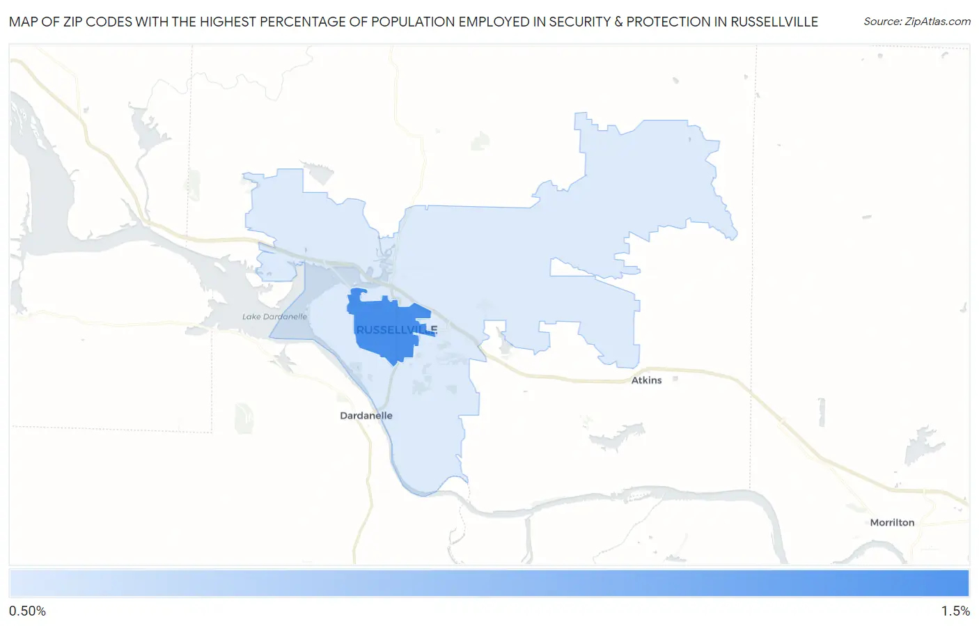 Zip Codes with the Highest Percentage of Population Employed in Security & Protection in Russellville Map