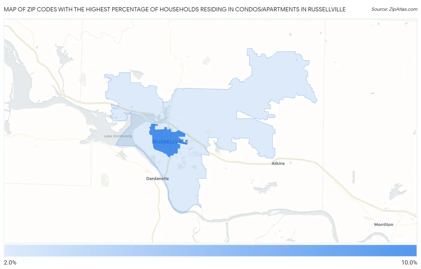 Zip Codes with the Highest Percentage of Households Residing in Condos/Apartments in Russellville Map