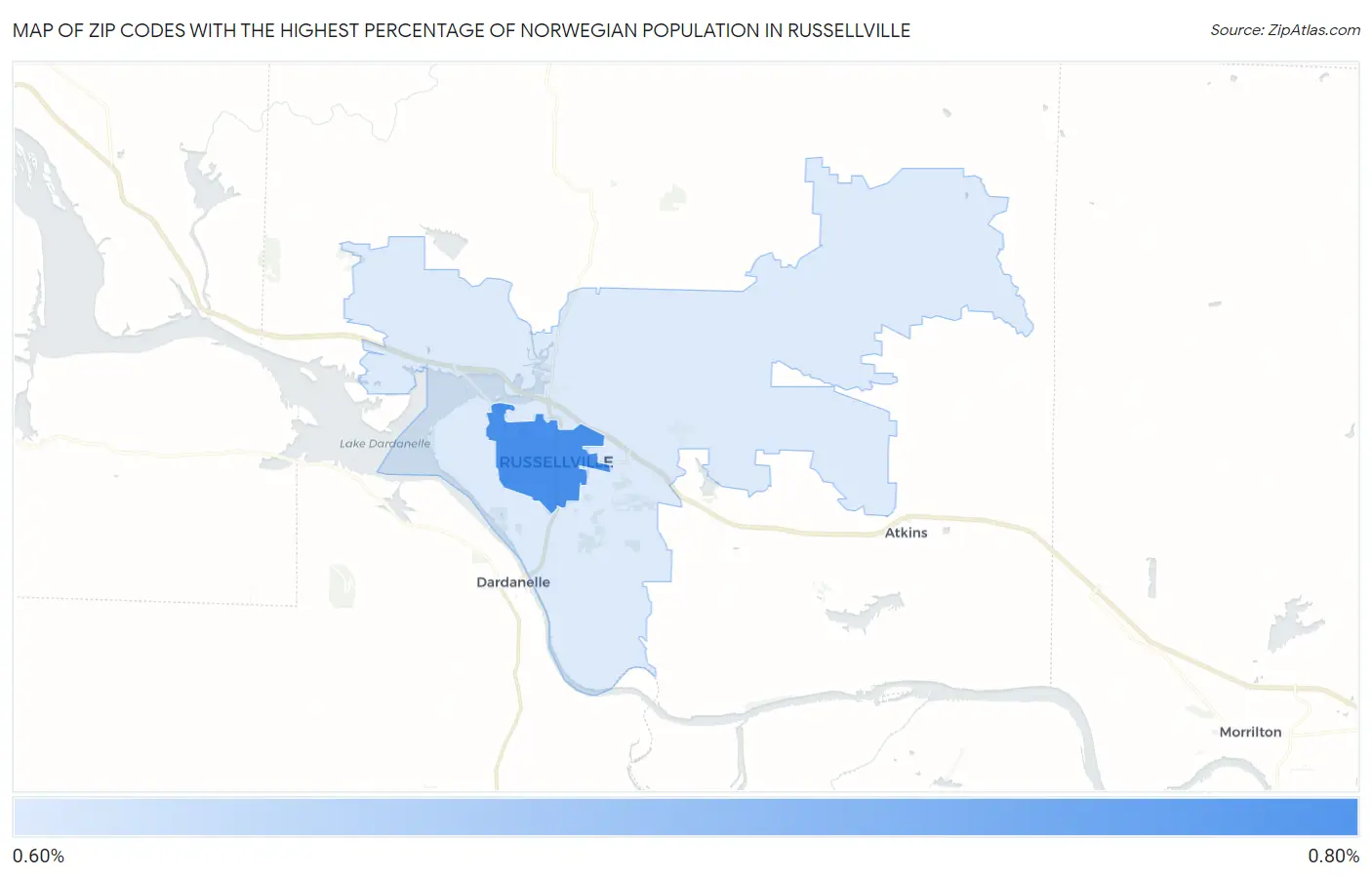 Zip Codes with the Highest Percentage of Norwegian Population in Russellville Map