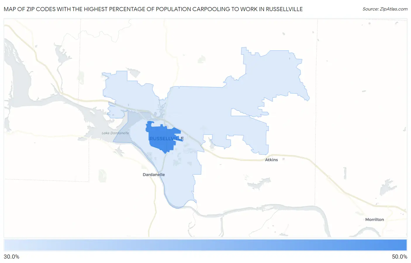 Zip Codes with the Highest Percentage of Population Carpooling to Work in Russellville Map
