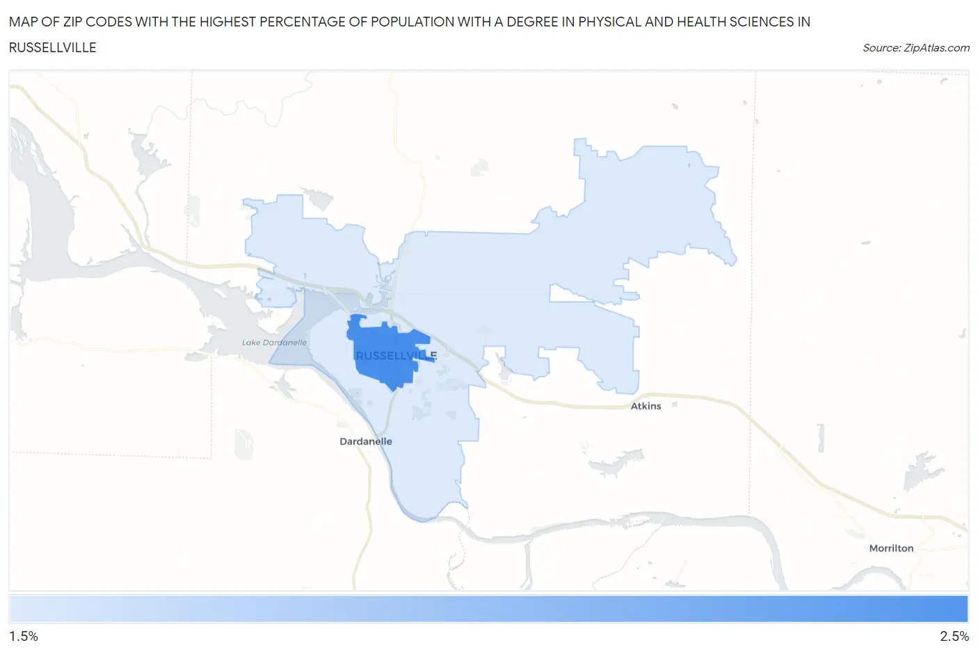 Zip Codes with the Highest Percentage of Population with a Degree in Physical and Health Sciences in Russellville Map