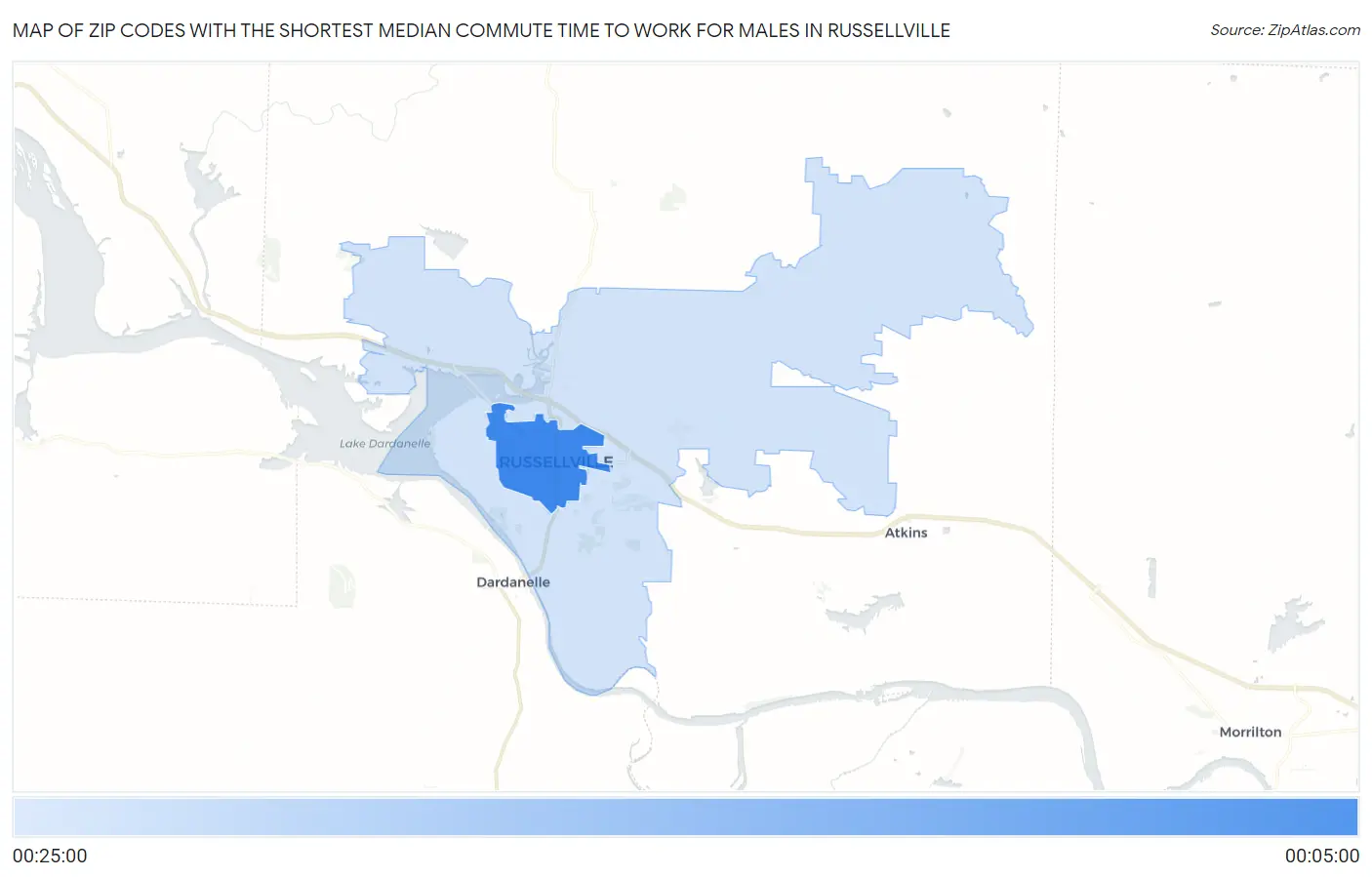 Zip Codes with the Shortest Median Commute Time to Work for Males in Russellville Map