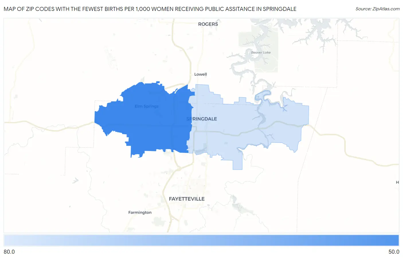 Zip Codes with the Fewest Births per 1,000 Women Receiving Public Assitance in Springdale Map