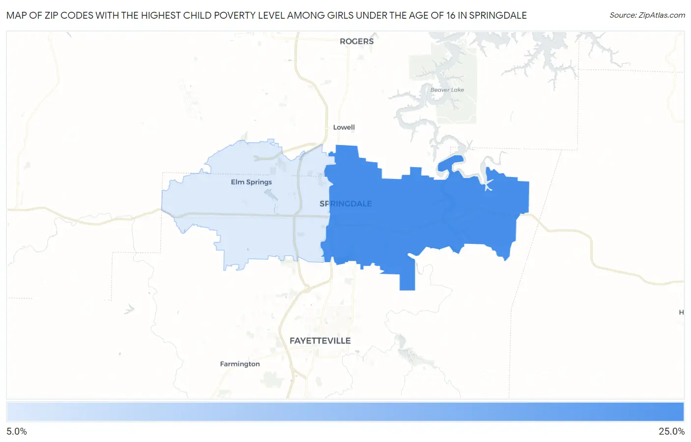 Zip Codes with the Highest Child Poverty Level Among Girls Under the Age of 16 in Springdale Map