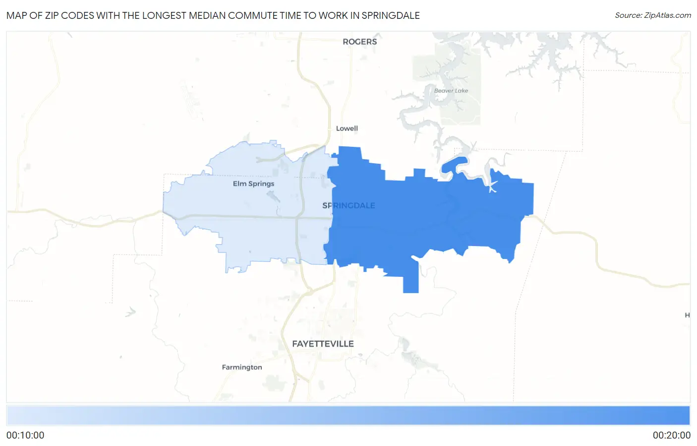 Zip Codes with the Longest Median Commute Time to Work in Springdale Map