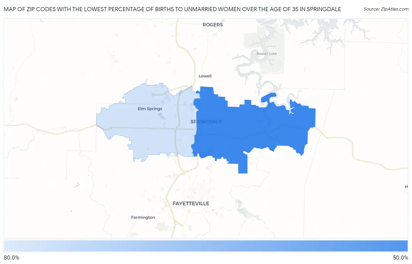 Zip Codes with the Lowest Percentage of Births to Unmarried Women over the Age of 35 in Springdale Map
