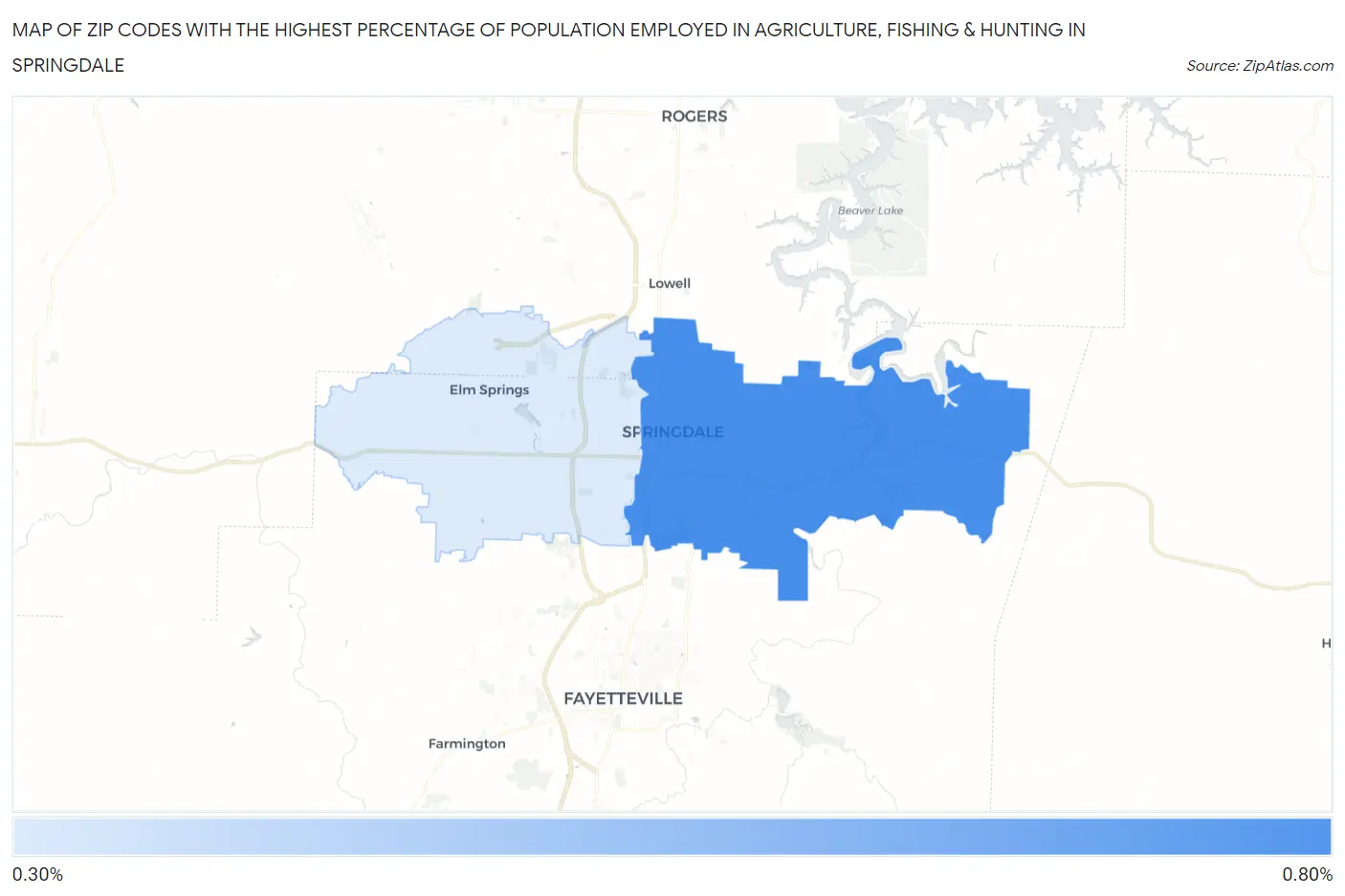Zip Codes with the Highest Percentage of Population Employed in Agriculture, Fishing & Hunting in Springdale Map
