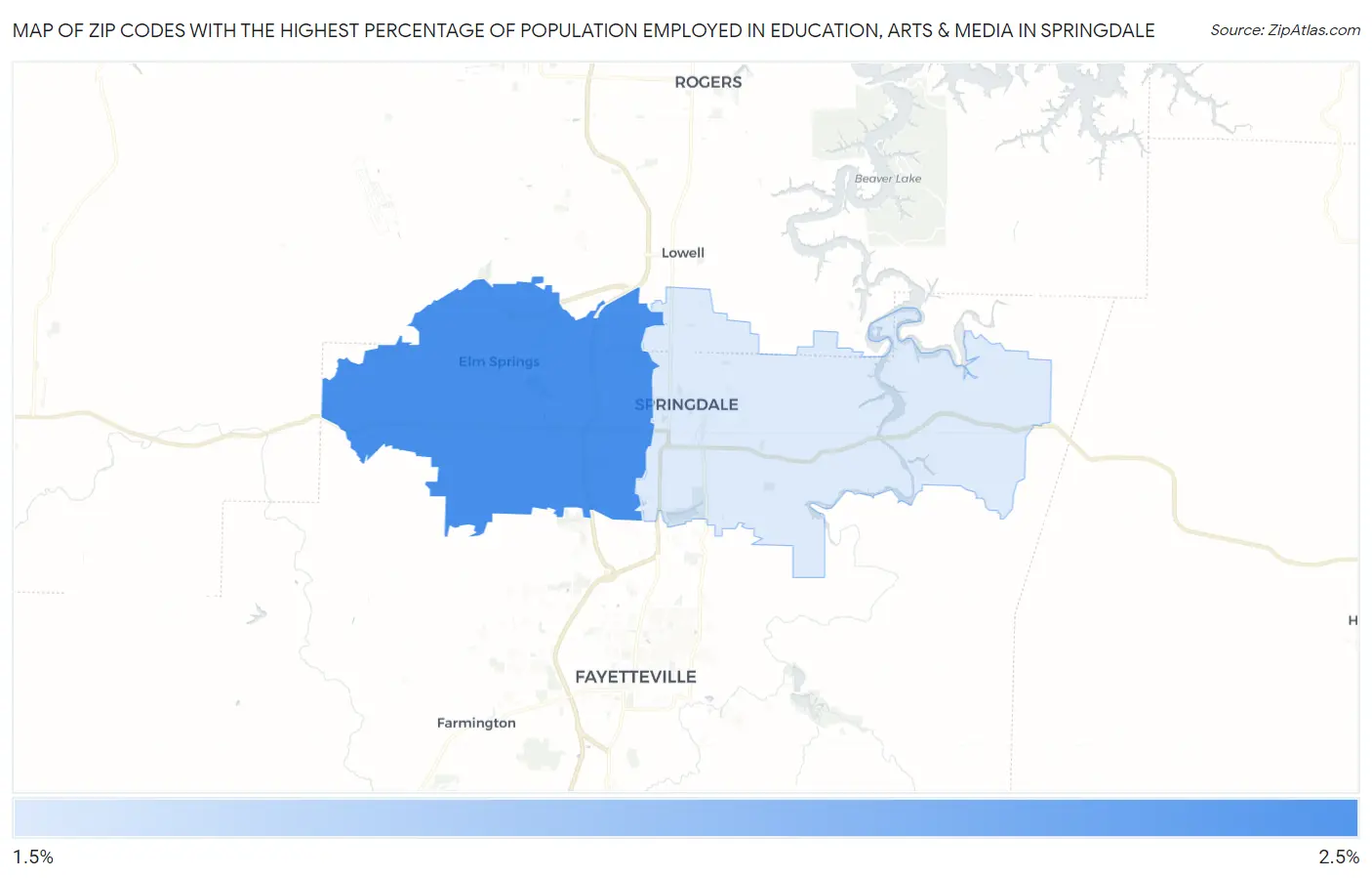 Zip Codes with the Highest Percentage of Population Employed in Education, Arts & Media in Springdale Map