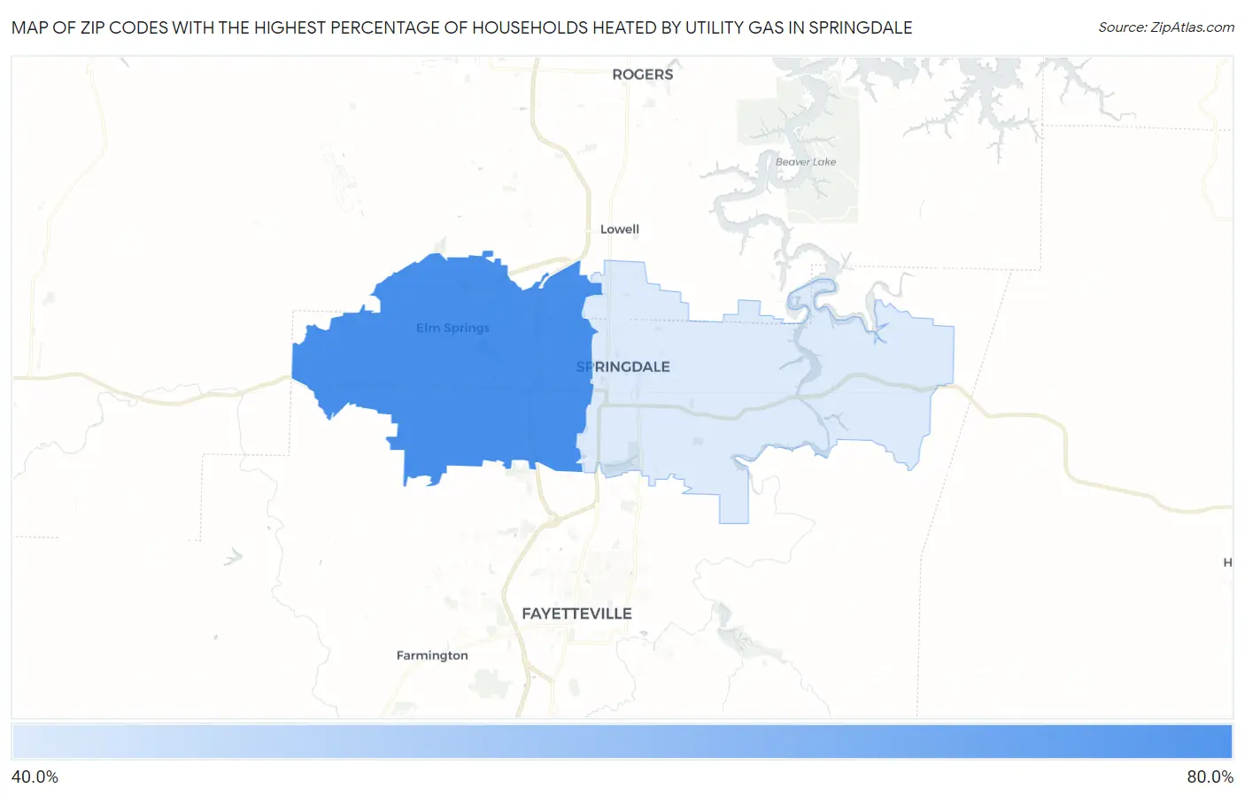 Zip Codes with the Highest Percentage of Households Heated by Utility Gas in Springdale Map