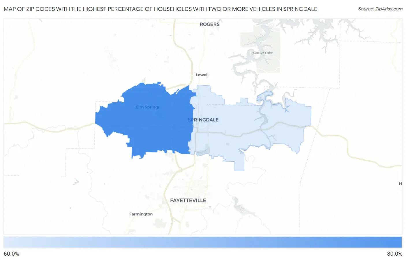 Zip Codes with the Highest Percentage of Households With Two or more Vehicles in Springdale Map