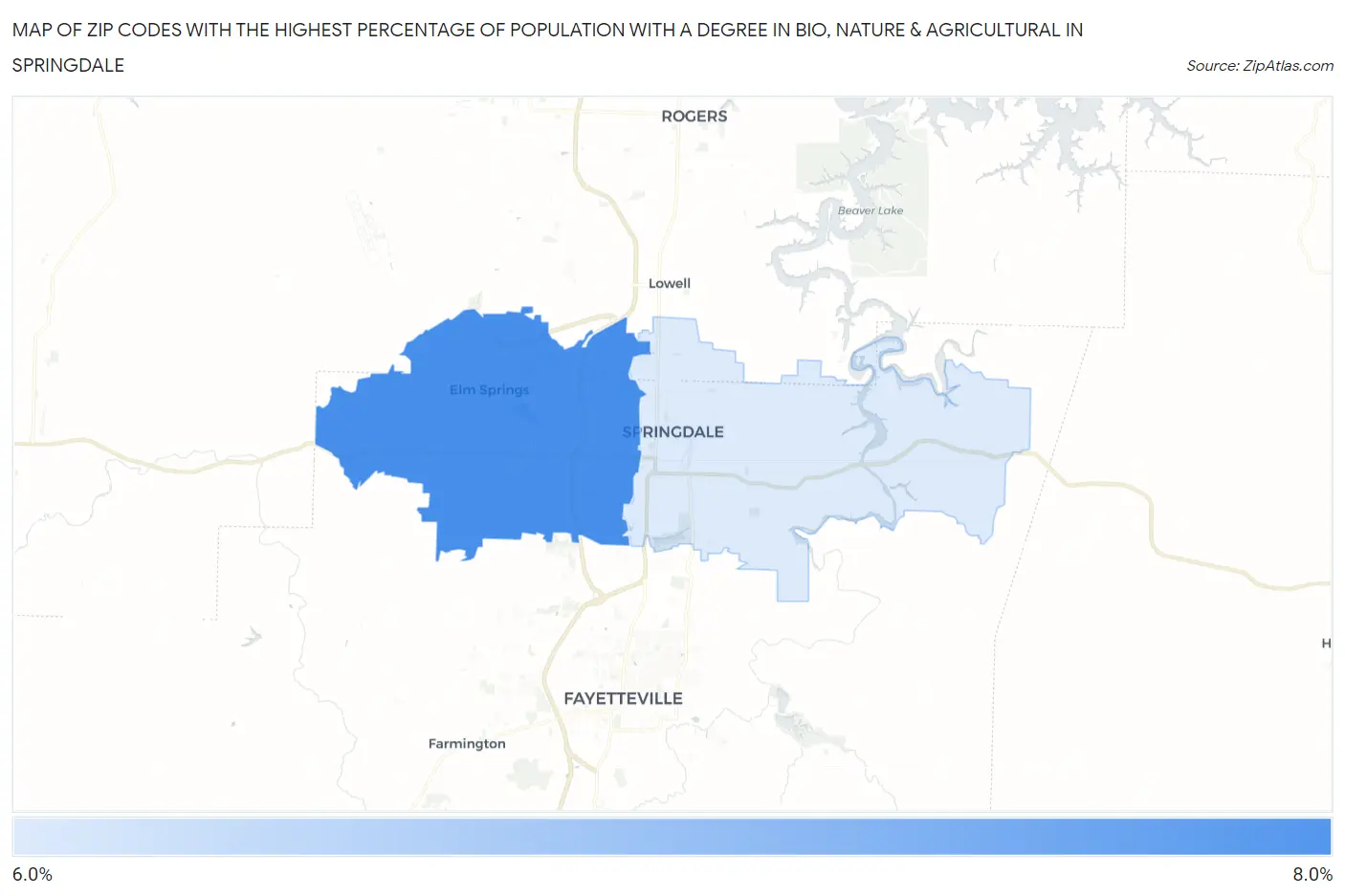 Zip Codes with the Highest Percentage of Population with a Degree in Bio, Nature & Agricultural in Springdale Map
