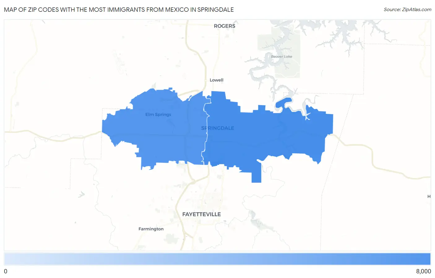 Zip Codes with the Most Immigrants from Mexico in Springdale Map